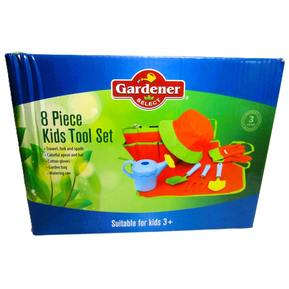 Gardener Select 8‑Piece Kids Gardening Set Apron Hat Gloves Bag & Tools Ages 3+